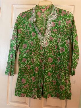 Lilly Pulitzer Pink and Green Printed Tunic with Embroidered V-Neck